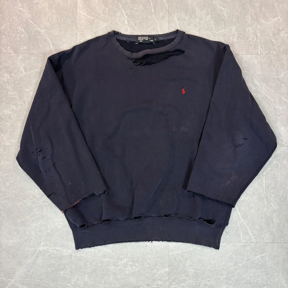 Polo Ralph Lauren Mens Distressed Crewneck Sweatshirt Navy Blue Large Thrashed